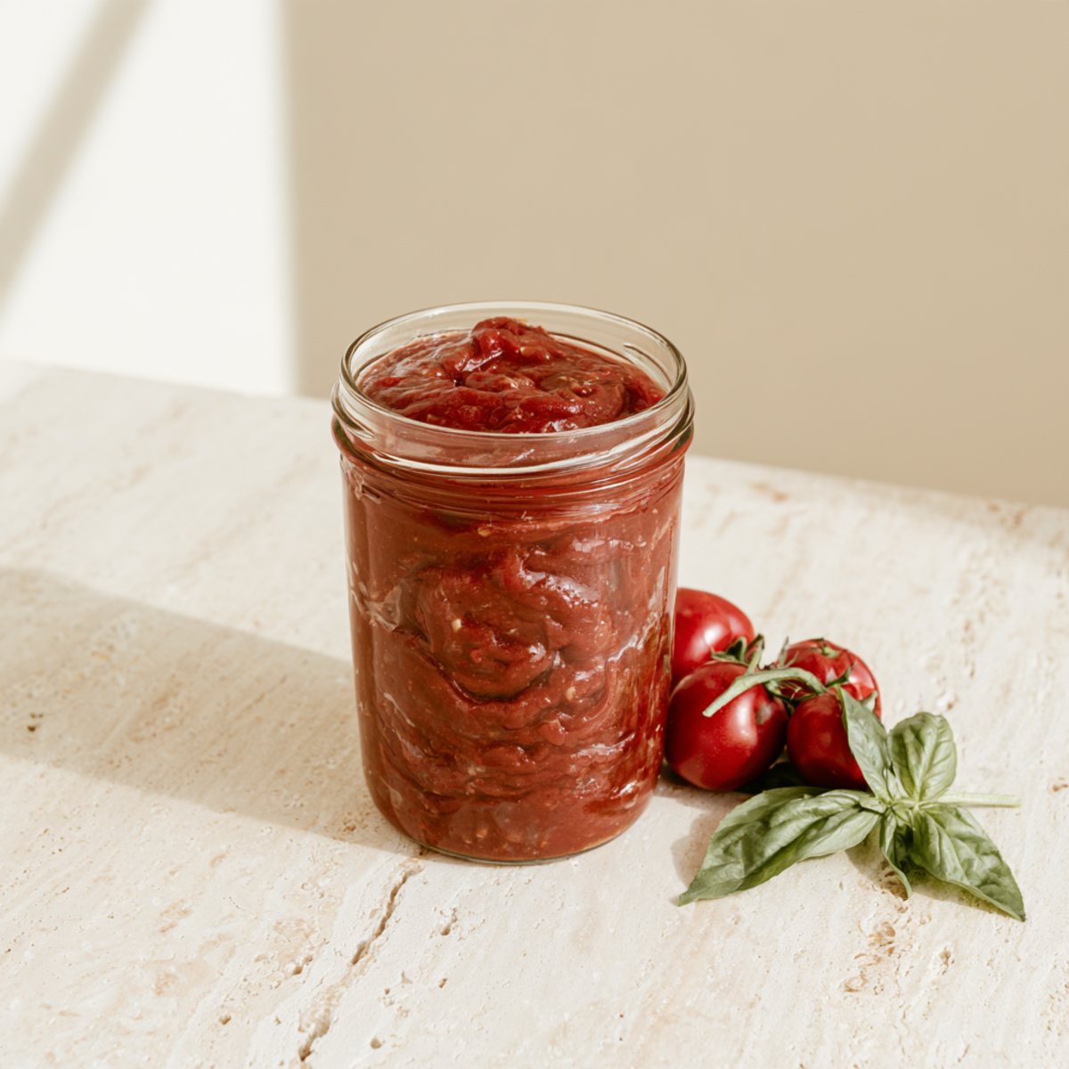 Passata pomidorowa w szklanym słoiku, obok świeże pomidory i bazylia