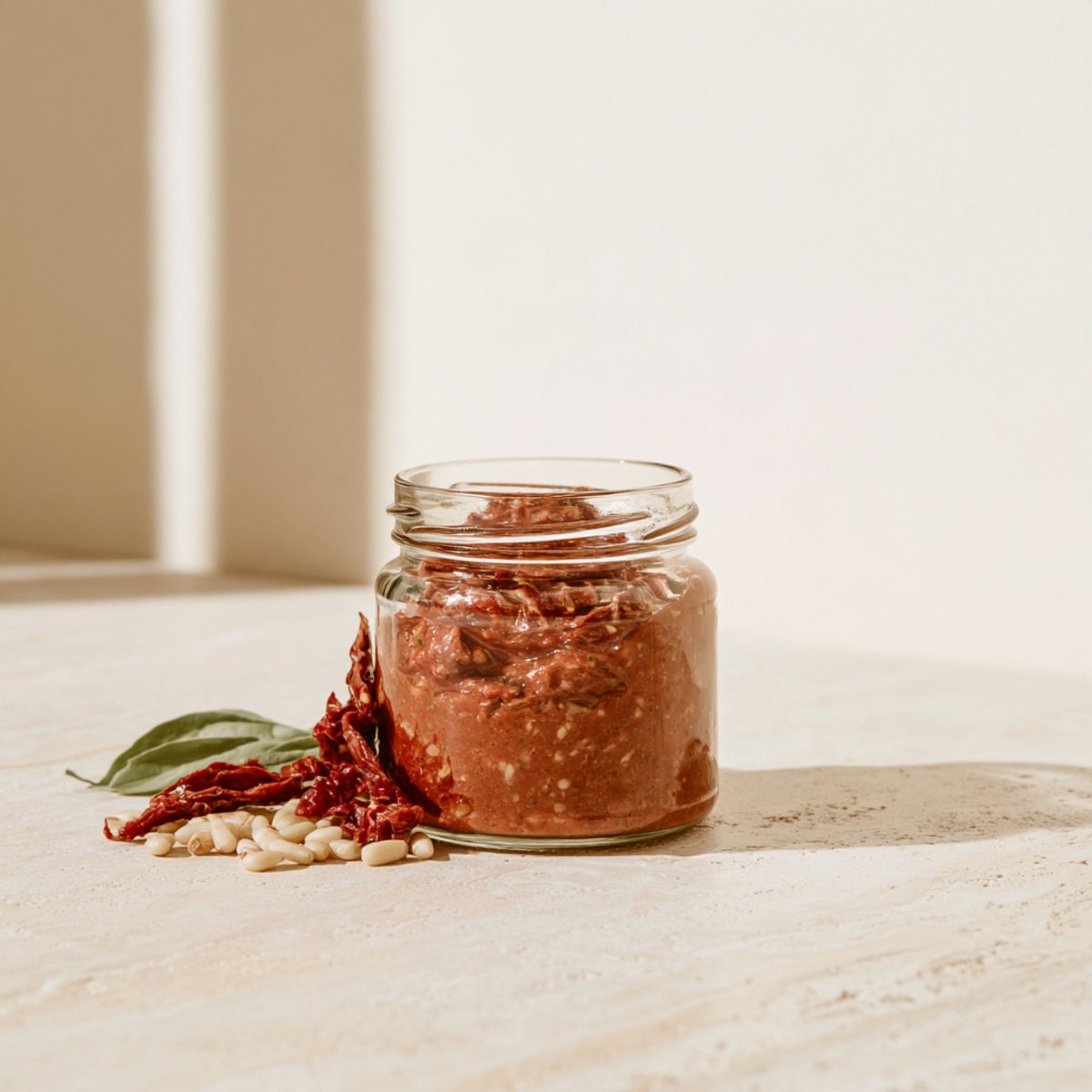Pesto rosso w szklanym słoiku, obok suszone pomidory, orzeszki pinii i bazylia