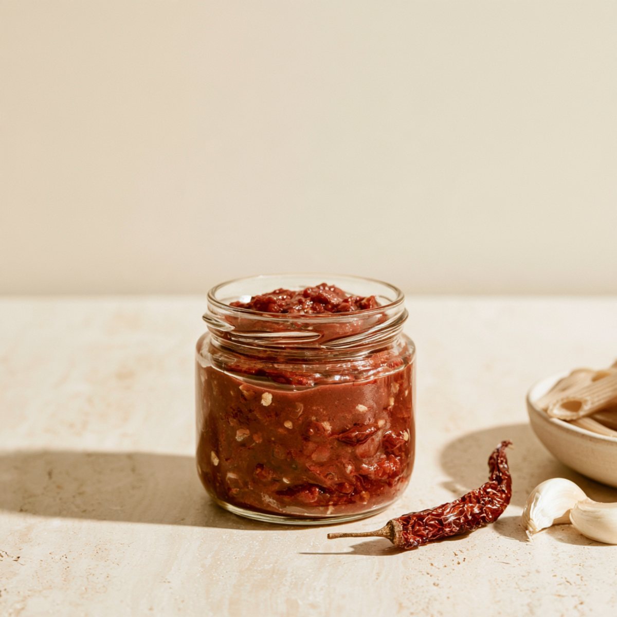 Sos arrabbiata w szklanym słoiku, obok papryczka chili, czosnek i makaron penne
